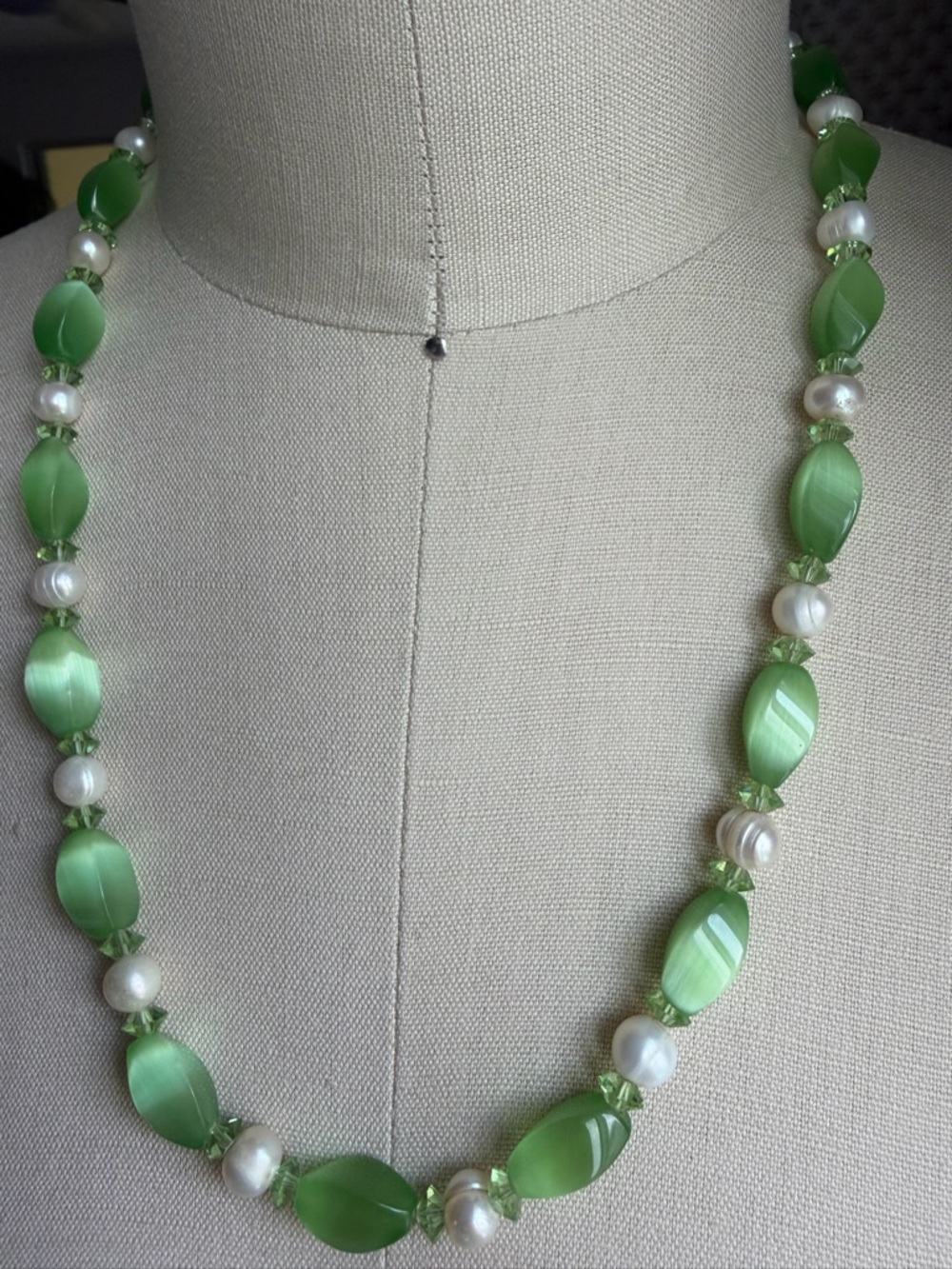 Handmade Freshwater Pearls with Elongated Green Cat’s Eye 23” Necklace